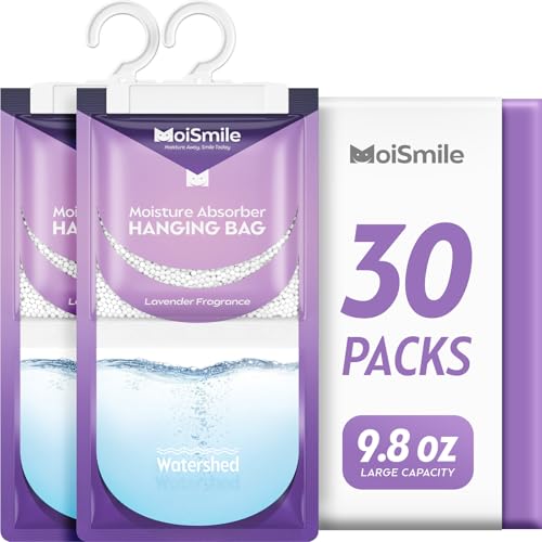 Image of Moisture Absorbers 30 Pack Lavender Fragrance, Hanging Closet Dehumidifier Bags, Humidity Absorber, Compact Eliminates Odors Humidity Packs for Car, Bathroom, Bedroom, Basement, 9.8OZ
