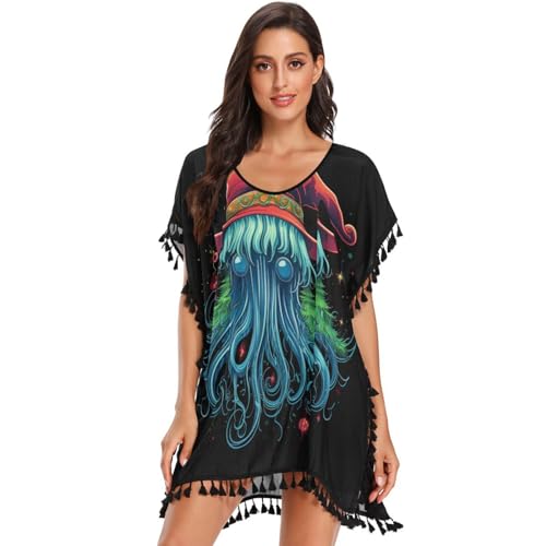 Christmas Art Sea Jellyfish Women's Beach Cover Up Chiffon Tassel Swimwear Swimsuit Coverups for Girl