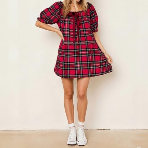 Image of Women Y2k Puff Sleeve Babydoll Dresses Square Neck Tie Back Mini Dress Summer Solid Off Shoulder Flowy Sundress