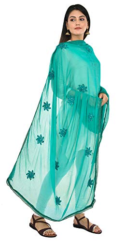 Image of YOUTHQUAKE Flower Embroidered Diamond Work Chiffon Dupatta for Womens & Girls With 4 Side Lace