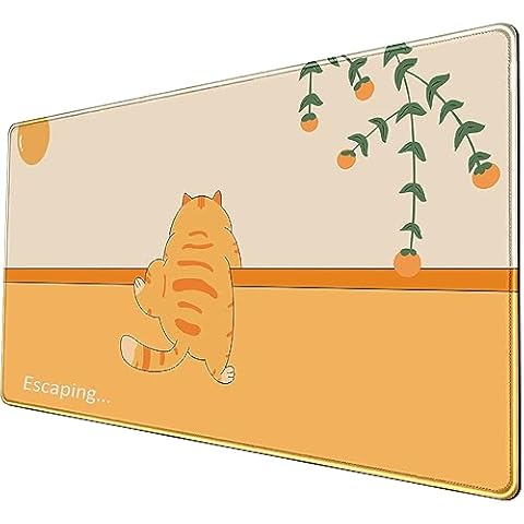 Nasdalgias Cute Cat Desk Mat XL -31.5x15.7in- Kawaii Escaping Orange Cat Desk Pad-Moon Floral Keyboard Mat-with Non-Slip Base Stitched Eges Cover