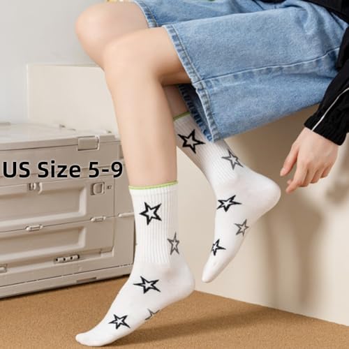 Image of Star Socks 5-Pairs Cute White Black Colorful Star Women's Soft Cotton Rib Mid-Calf Socks