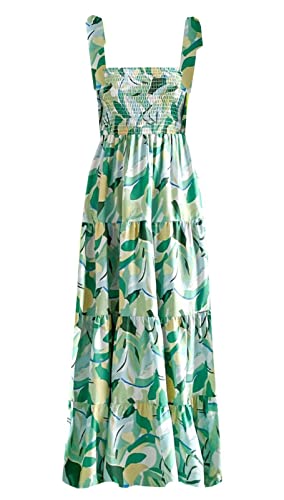 Image of kinstell Women's Summer Boho Spaghetti Strap Square Neck Ruffle Casual Flowy Long Dress Beach Swing Party Maxi Dress