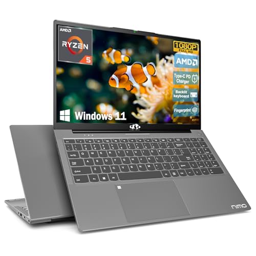 NIMO 15.6 Student-Laptop, AMD Ryzen 5 (Beat i5-1135G7), 8GB RAM 256GB SSD, Radeon Vega 8 GPU, Backlit KB, Type-C PD 65W, Fingerprint Unlock, USB3, 2.0MP Camera, Win 11 Notebook for Business Study Work