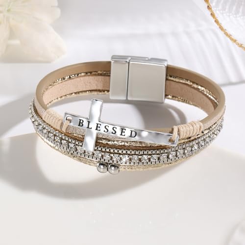Cross Leather Wrap Bracelets Christian Religious Baptism Bangle Cuff Boho Multi-Layer Rhinestones Bracelet Bangle Confirmation Gifts Beige Stacked Bracelet Trendy Braided Leather Wristbands2