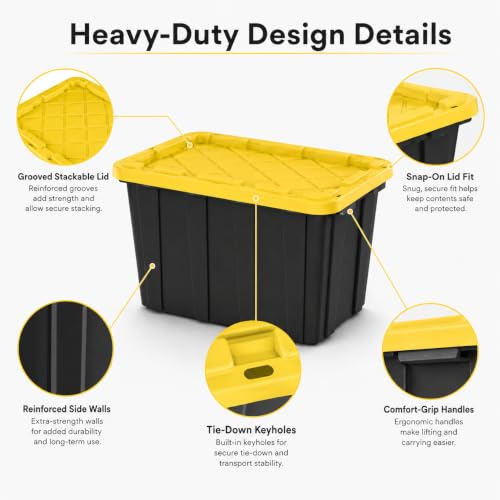 Image of 6-Pack 27Gal Stackable Storage Bins with Lids, Heavy Plastic, Black Yellow