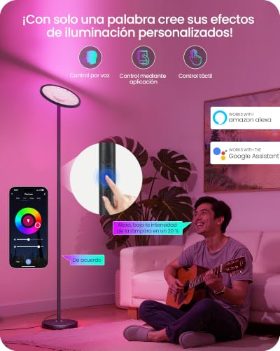 Miniatura 2 de Lámpara de Pie RGB con Control por Aplicación y Voz, Compatible con Alexa, Sincronización Musical, Temporizador, Lámpara de Pie LED Inteligente, 30 W, Luz del 10 al 100%, para Salón, Negro