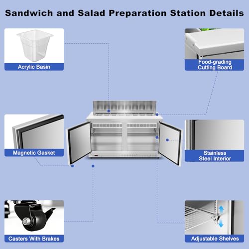 Image of Tylza 60 inch Commercial Refrigerator, 16.3 Cu.Ft Sandwich Pizza Prep Table, Mega Top Worktop Fridge w / 16 Pans & Cutting Board, 2-Door Stainless Steel Salad Prep Cooler for Restaurant & Food Truck