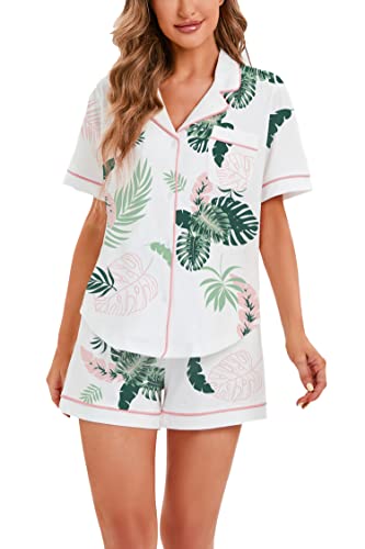 Image of LUBOT 100% Cotton Pajamas for Women 2 Piece PJ Set Button-Down Soft Knit Short Sleeve Summer Sleepwear Loungewear XS-XXL