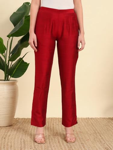 Image of Vogaan Women's Cotton Silk Pant | Half-Elasticated Waist Slim Fit Trouser for Women | Casual Pocket Pants for Office Formal Daily Use