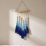 Suncalla Large Macramé Boho Chic Wooden Bead Wall Hanging Tapestry Decor Blue Bead Bedroom Art Decor with Tassels for Living Room Apartment Home Nursery Birthday Party Backdrop