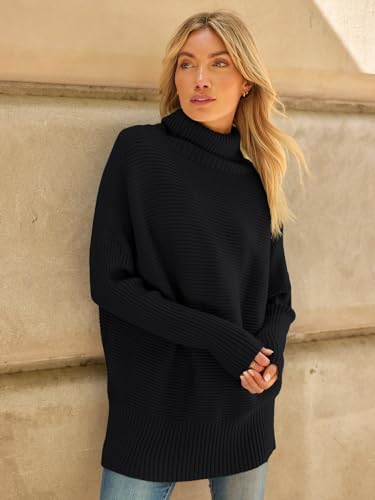 Lillusory Oversized Sweaters Women Long Turtleneck Turtle Neck Tunic 2024 Trendy Mock Pullover Batwing Sweater Tops Wear Leggings Black thumb #3