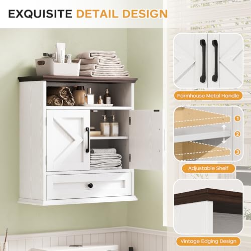 Image of Bathroom Wall Cabinet, Wall Mounted Medicine Cabinet 24.4 inchH x 23.6 inchW x 9 inchD | With Drawer, Barn Doors & Adjustable Shelf, White Over Toilet Farmhouse Storage Cabinet for Kitchen, Laundry Room, Entryway