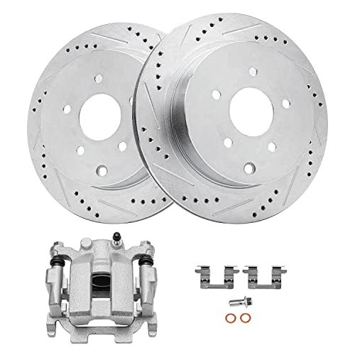 Image of Detroit Axle - Rear Brake Kit for INFINITI M35h JX35 M37 M56 Q50 Q60 Q70 Q70L QX60 Nissan Murano Pathfinder Quest, 12.13'' inch Drilled & Slotted Brake Rotors Driver Side Brake Caliper Replacement