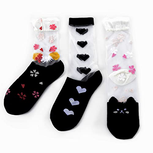 Image of Formery 3 Pairs Transparent Lace Mesh Socks Cute Ultrathin Sheer Ankle Socks Crystal Glass See Through Short Silk Stockings for Women and Girls