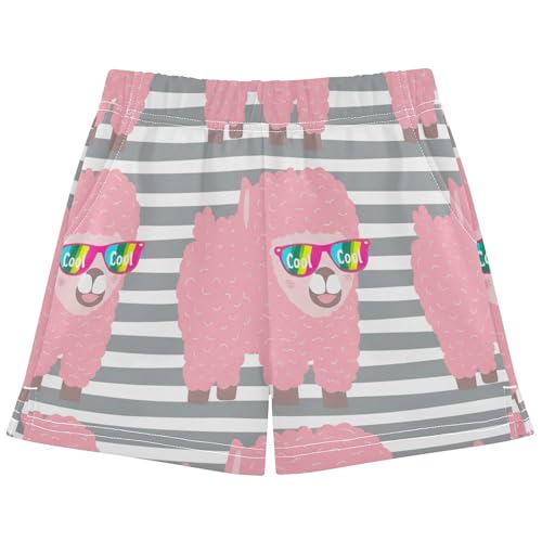 Girls Cute Pink Alpaca Rainbow Print Lounge Shorts Soft Athletic Summer Casual Pajama Activewear, X-Small