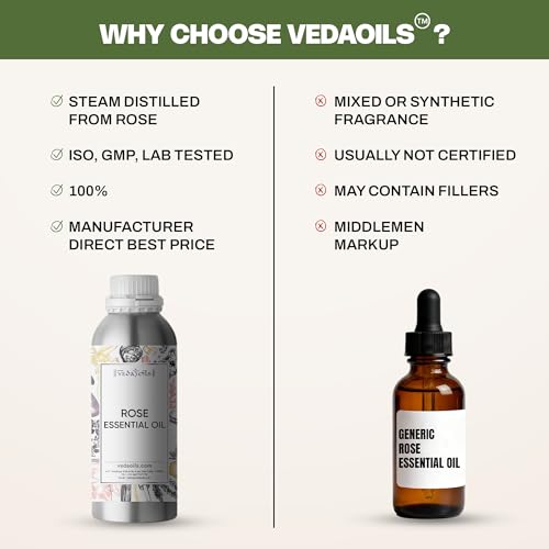 Image of VedaOils Rose Essential Oil 100ml | 100% Pure, Natural & Undiluted Aroma Oil | Rose Oil for Face, Skin, Hair Growth, Diffuser, Candles, Soap Making & Home Fragrance