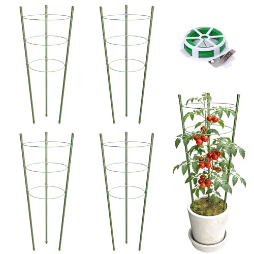 4 Pack Plant Support Tomato Cages for Garden, 24 Inches Tomato Cages and Supports with Adjustable Rings for Garden Pots, Plant Stakes Tomato Trellis Rings for Climbing Plants
