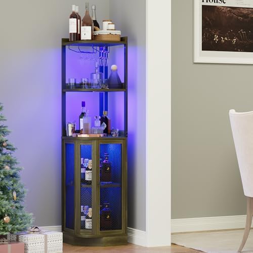 EOYUTLLY Corner Bar Cabinet with with Power Outlet and LED Strip, 65