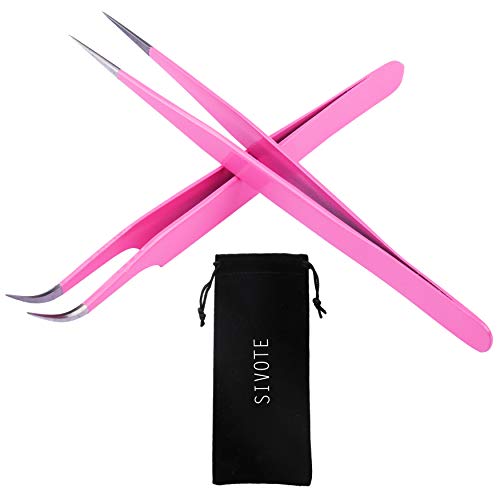 SIVOTE Lash Tweezers, Pack of 2 Stainless Steel Tweezers for Eyelash Extensions | Straight and Curved Tip | False Lash Application Tools - Pink