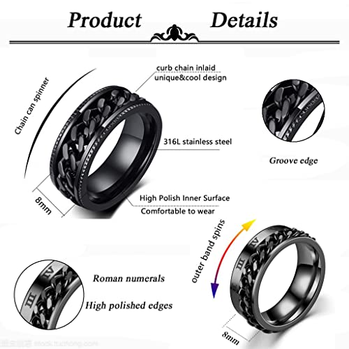 MOZAKA 10 Pcs 8mm Stainless Steel Ring Spinner Fidget Band Chain Rings for Men Women Polished Wedding Cool Ring, Size 7-114