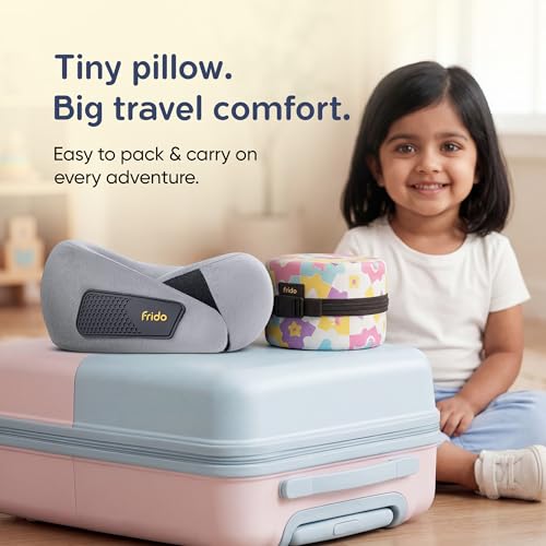 Image of Frido Kids Memory Foam Travel Neck Pillow with Travel Pouch | 360 Chin & Neck Support for Comfortable Sleep | Adjustable Velcro Straps | Ideal for Car, Flight & Road Trips | Bluish Grey