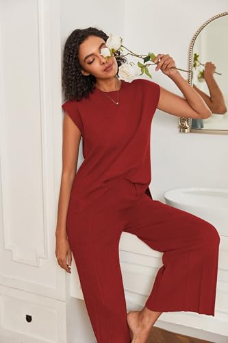 Image of Ekouaer Lounge Sets for Women Two Piece Outfits Knit Cap Sleeve Tops Wide Leg Pleated Pants Casual Dressy Sweater Sets