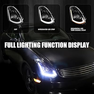 SPEC-D TUNING Black Projector Headlights w/Sequential LED Strip Compatible with 2003-2007 Infiniti G35 Coupe, Left + Right Pair Headlamps Assembly