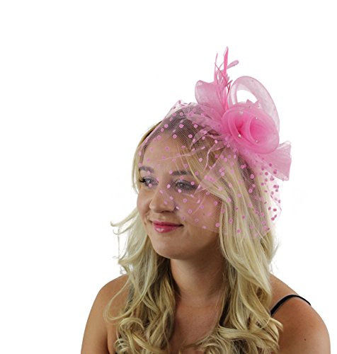 Women's Mysterious Look Fascinator Headband Hat with Dotted Netting for Tea Party Derby Wedding Prom Accessory (Pink)