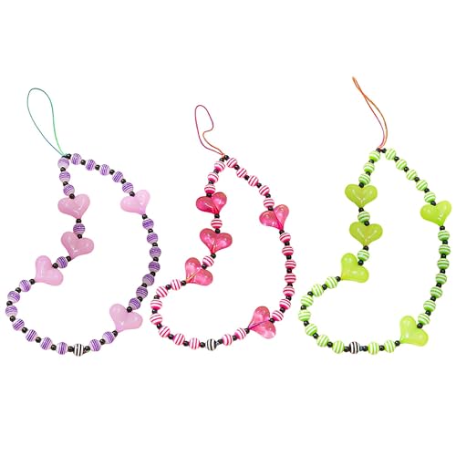 Staqlo 3PCS Handmade Heart Beads Phone Charm - Cute Colorful Phone Bracelet Lanyards and Wrist Straps zlax-235