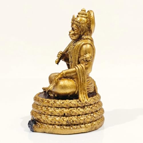 Image of Virajman Hanuman Ji Idol Sitting on Tail | Ravana Sabha Pose | Hanuman Murti for Car Dashboard, Home Temple & Office Decor, Housewarming, Vastu | 3.8 Inches | Antique Gold