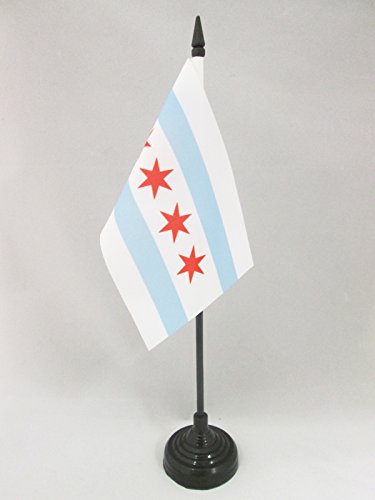 AZ FLAG - Chicago Table Flag 4'' x 6'' - Chicago City Office Flag 100% Polyester 15 x 10 cm - Mini Desk Flag with 10'' Pole and Black Plastic Base