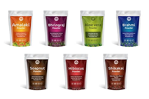 Herbal Powder for Hair Growth| Combo of 7 Herbal Hair Mask | Amalaki, Bhringraj, Brahmi, Soapnut, Shikakai, Aloe vera & Hibiscus (Each 100g) | Resealable pack
