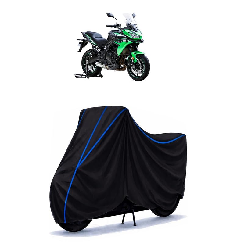 Image of Versys 650 ABS Bike Cover Water Resistant Universal Motorcycle Rain | Heavy Duty UV Protection, Dust, Scratch Indoor Outdoor All Weather with Black Blue Piping Elastic
