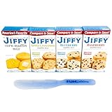 Jiffy Muffin Mix Variety Bundle Corn, Blueberry, Apple Cinnamon, and Raspberry Flavors Boxes (Pack of 4) with Fun Solutions Mixing Spatula