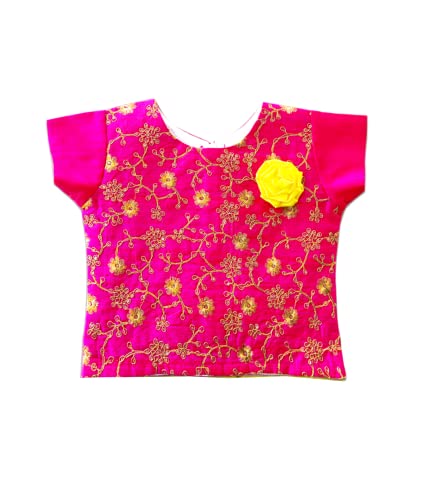 Image of Stanwells Kids Girls Yellow & Pink Combo Lehenga Choli Set | Flared Readymade Dress with Sequins Embroidery | Traditional South Indian Outfit