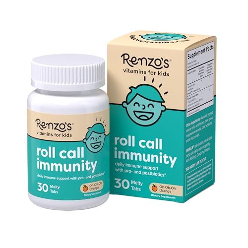 Renzos Roll Call Immunity - Dissolvable Kids Immune Support Supplement with IMMUSE Postbiotic Sugar-Free Kids Vitamins 30 Orange-Flavored Melty Tabs