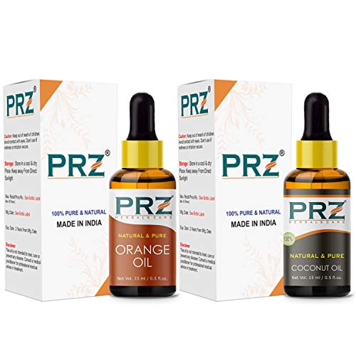 Image of PRZ Combo of Orange Essential Oil & Cold Pressed Extra Virgin Coconut Carrier Oil, 100% Pure Natural & Therapeutic Grade Oil for Aromatherapy, Body Massage, Skin Care & Hair Growth (15ML Each)