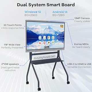 HLEC 55" Interactive Smart Board, 4K UHD Touchscreen Digital Whiteboard, Electronic All-in-One Computer for Classroom Home Office Studio Display, 20-Touch 13MP Camera(Wall Mount Included)