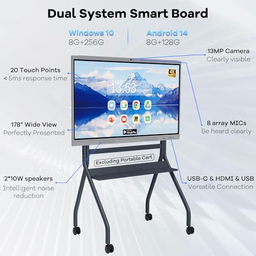 Image of HLEC 55 inch Interactive Smart Board, 4K UHD Touchscreen Digital Whiteboard, Electronic All-in-One Computer for Classroom Home Office Studio Display, 20-Touch 13MP Camera(Wall Mount Included)