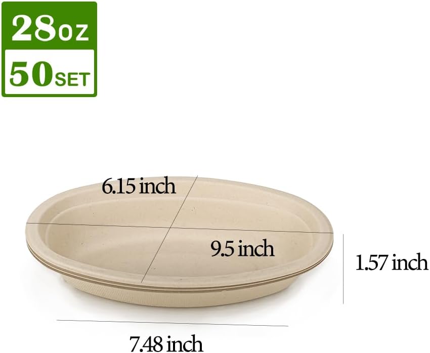 Aksipo 28 OZ 50 Count Paper Bowls, Oval Paper Bowls, Soup Bowl, Meal Prep Containers, Microwave Safe, Compostable, Large Disposable Bowls for Nacho, Burrito, Salad, Baked Potato, Chips and Cheese