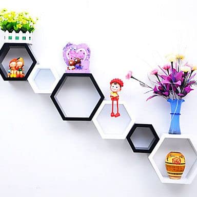 Image of BAS Engineered Wood Brown Art Shoppee Decorative Display With Hexagon Shape Set Of 6 Floating Wall Shelves And Racks For Living Room (Black & White)
