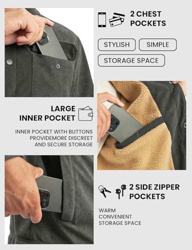 Image of TBMPOY Men's Corduroy Jacket Fleece Sherpa Winter Trucker Work Cargo Coat | Warm,Thick,5 Pockets,Turn-down Collar,Casual,Travel