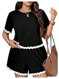 OYOANGLE Women's Plus Size 2 Piece Outfits Shorts and Top Set Scallop Trim Matching Lounge Sets Black and White 3X-Large Plus