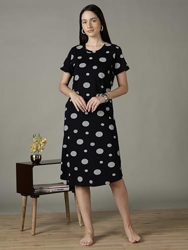 Image of 9shines Label Hosiery Cotton Knee Length Short Night Dress | Short Nighty for Women with Pocket | Graphic Print Nightwear | Night Gown for Women (M-7XL)