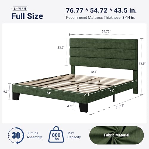 Image of Allewie Full Size Platform Bed Frame with Fabric Upholstered Headboard and Wooden Slats Support, Fully Upholstered Mattress Foundation /No Box Spring Needed /Easy Assembly, Green
