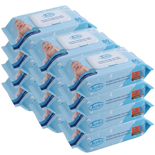 Tayko Toallitas ultrasuaves, 960 toallitas para Bebé con Aloe Vera e Hipoalergénicas, Sin Alcohol y con Tapa Rígida, Toallitas Húmedas para Piel Sensible (12 paquetes de 80 unidades)