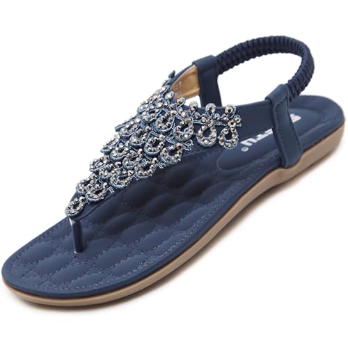 Acfoda Sandales Femme Été Chic Plates Confortable Bohême Chaussure Léger Mules Tongs Orthopédiques Sandalette Cuir nus pieds avec Strass Bleu 42