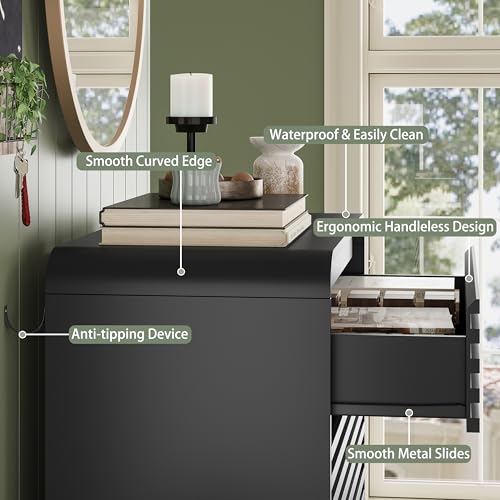 Image of 5 Drawer Dresser for Bedroom, 45 inch Tall Fluted Dresser with Curved Edge and Ergonomic Handleless, Large Wooden Clothes Storage Organizer, Modern Chest of Drawers for Closet, Living Room, Black