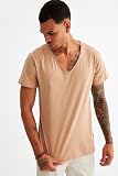 Leif Nelson Męska letnia koszulka z dekoltem w serek, krój slim fit, z zawartością bawełny, nowoczesna męska koszulka z dekoltem w serek z krótkim rękawem, długa LN6280, beżowy, S